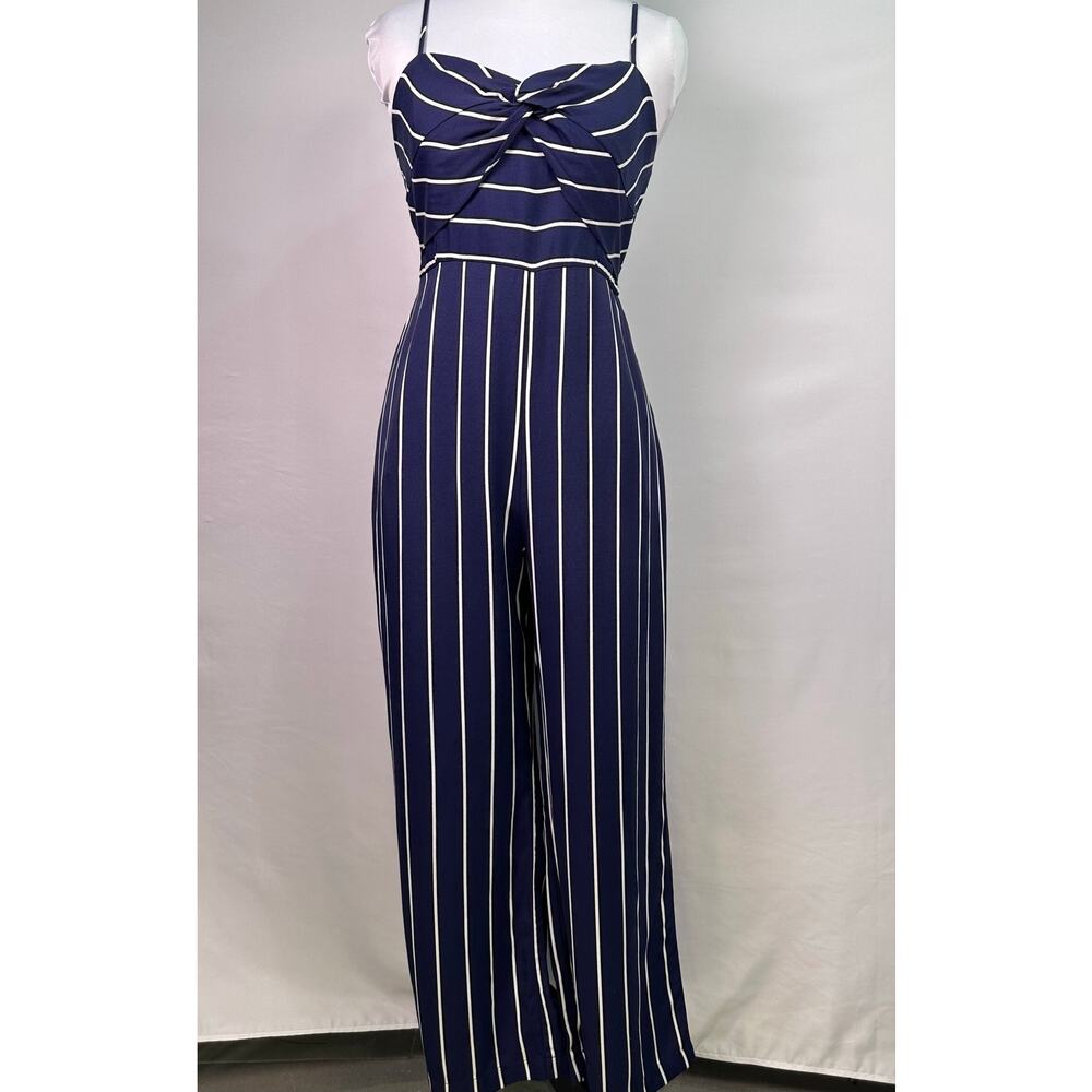 Bardot Layla Navy White Striped Tie Front Wide Leg Jumpsuit Pockets Size 6/Small - Picture 3 of 12